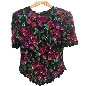 Vtg Laurence Kazar Beaded Sequin Floral Silk Blouse Top M Jewel Toned Maximalist